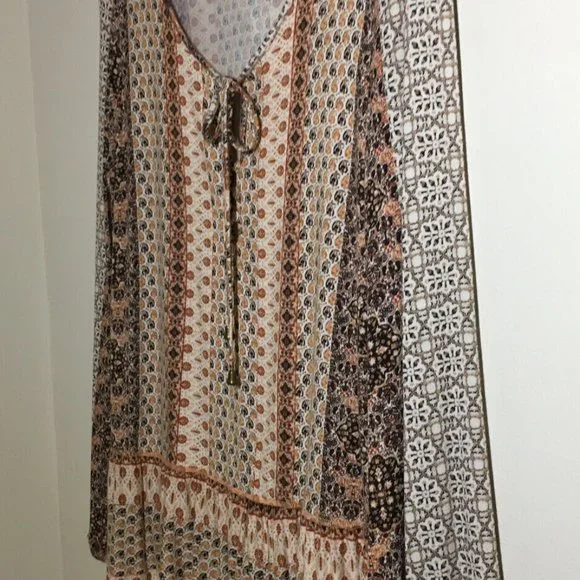 Rose Olive M Peasant Top Boho Ruffled Hem Ivory Rust Brown Stretch Knit Bust36.5 - Picture 2 of 13